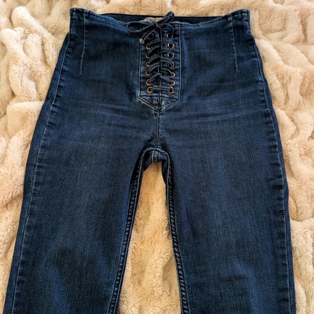 Free People Navy Lace-Up High Rise Jeans